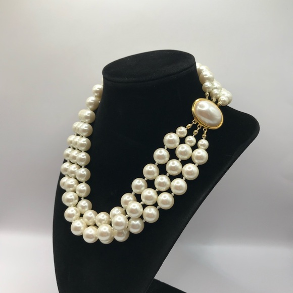 Unsigned Jewelry - Elegant Triple strand Faux Pearl Necklace with Gold-tone Accents closure